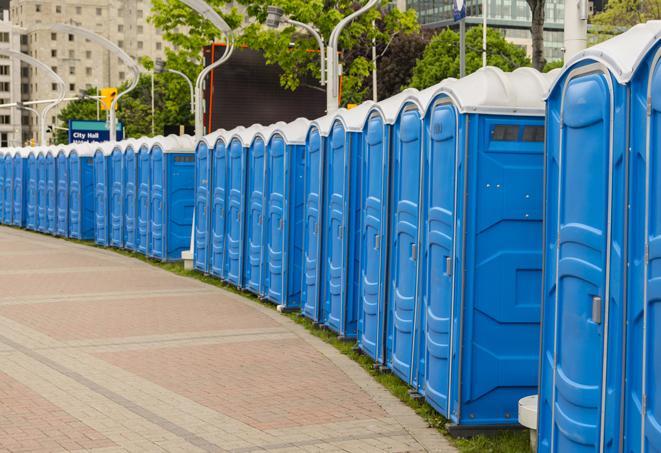 a row of portable restrooms at a trade show, catering to visitors with a professional and comfortable experience in Mount Washington